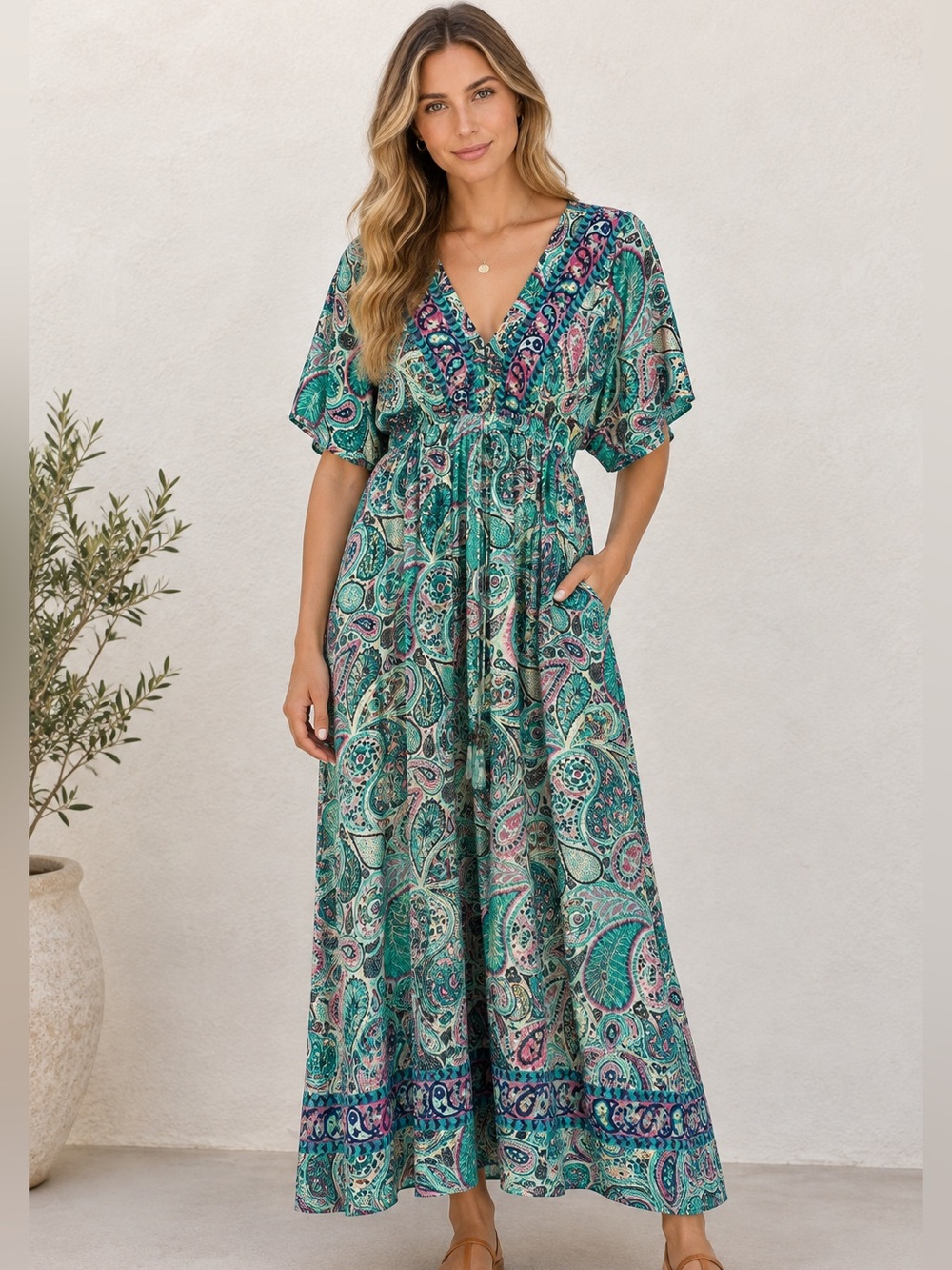 Jessica Taylor V-Neck Paisley Maxi Dress in Teal and Pink